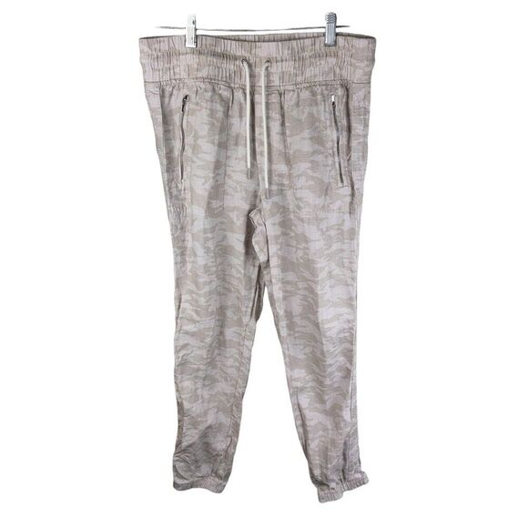 Athleta Cabo Tide Linen High Rise Beige Camo Print Jogger Pull-on Pants 4 - Picture 1 of 6